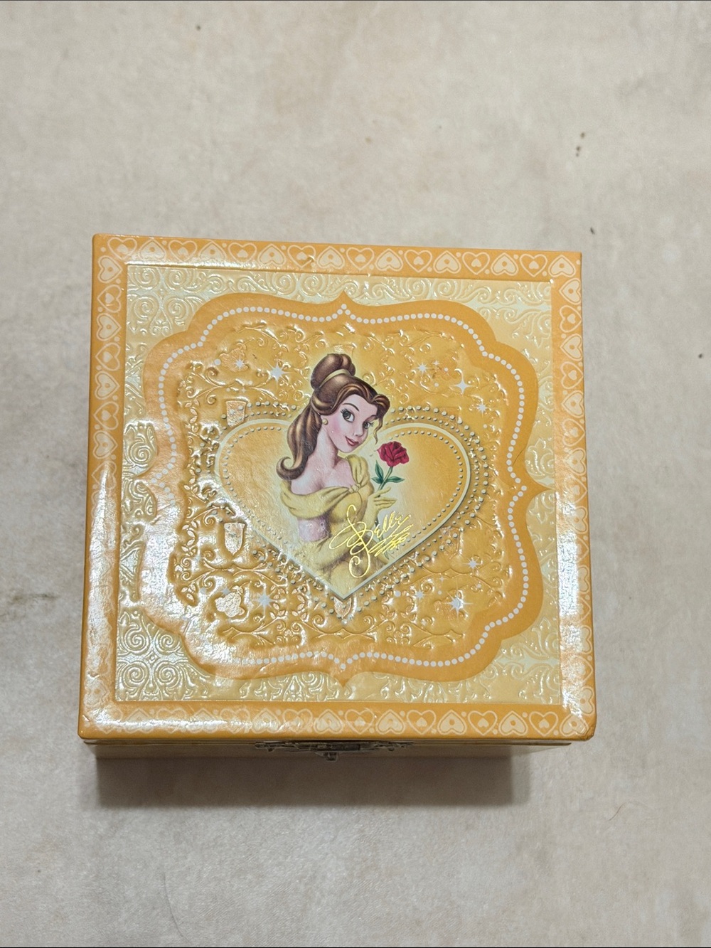 🌸 5/$20 DEAL Disney Belle Decorative Jewelry Box - Yellow Gold with Red Rose